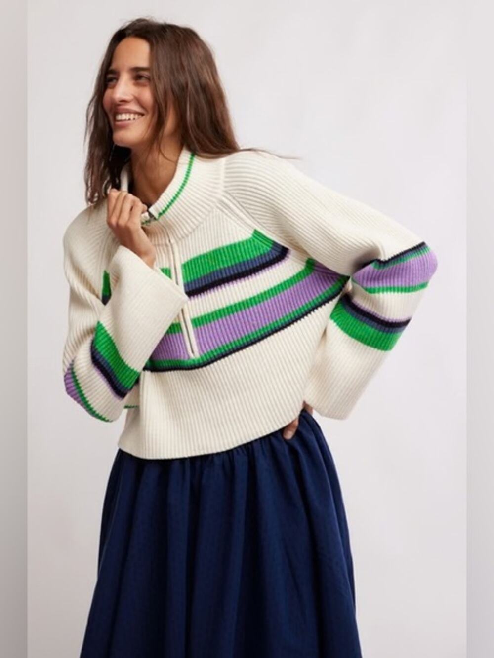 Free People Striped Greta Half Zip Sugar Swirl Combo Medium